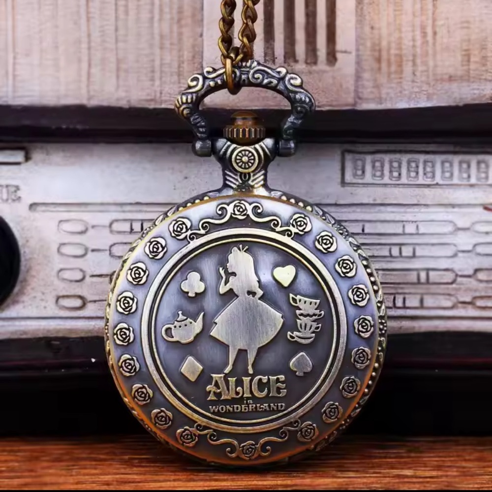 Vintage Brass Pocket Watch Alice in Wonderland theme - Picture 3 of 6